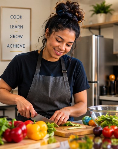 Illustration of independent living skills practice in a shared kitchen.