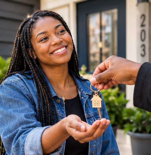 Illustration of receiving keys to a home — more than a place to live, a launchpad.