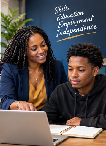 Illustration of mentoring toward skills, education, employment, and independence.